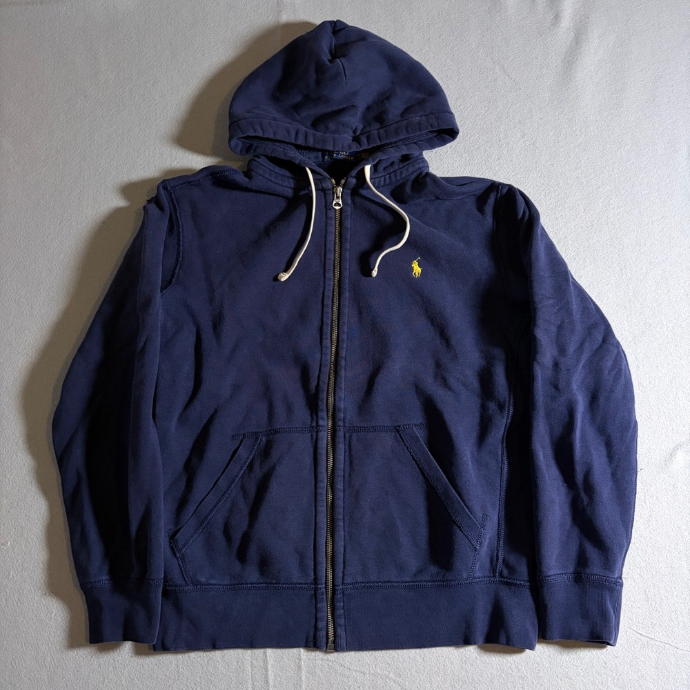 Polo Ralph Lauren Navy Blue Full Zip Hoodie Yellow Pony Mens Medium Distressed