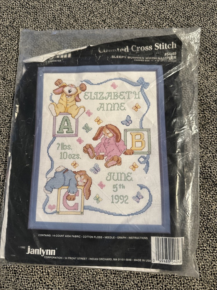 Vintage Janlynn Sleepy Bunnies Birth Sampler Counted Cross Stitch Kit NEW 1998