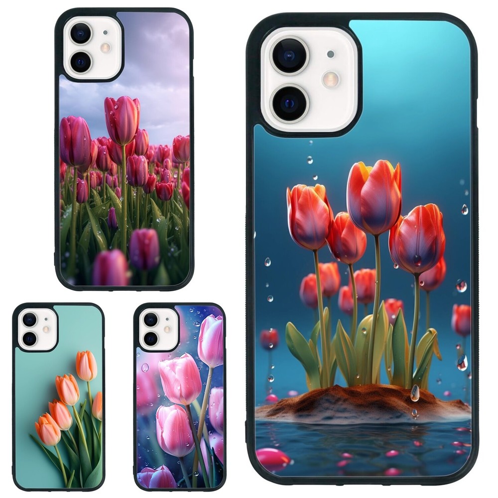 Anti scratch Cover For iPhone XS XR 6 7 8 Plus SE 2nd 3rd tulips Red depicting