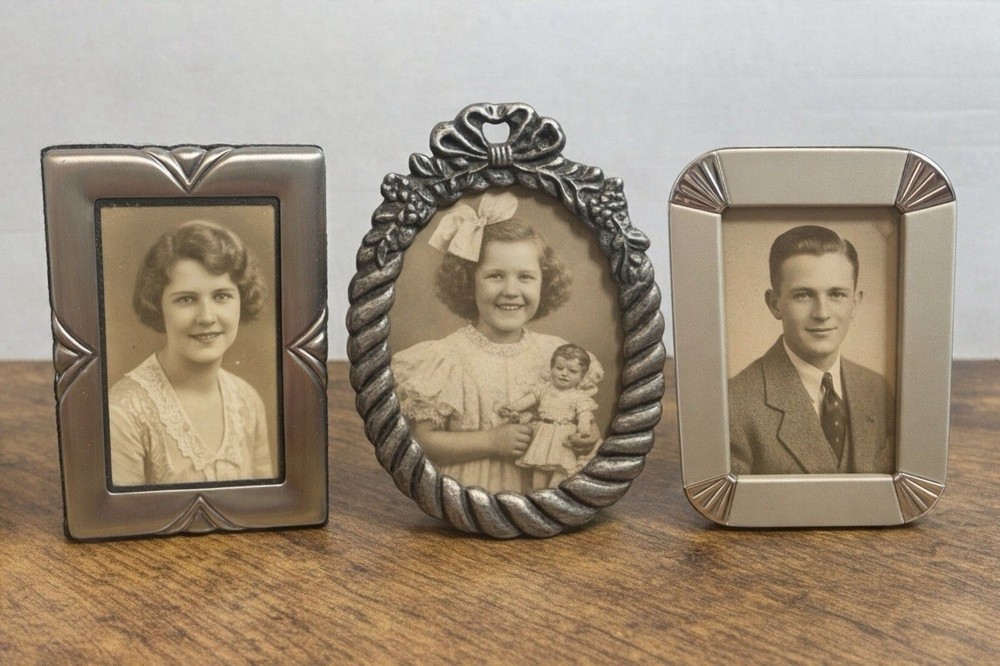 Vintage Mini Picture Frames Lot of 3 Metal Ornate Art Deco Style 3x2 Photo Size