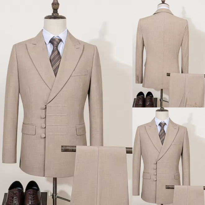 Khaki Mens Peak Lapel Formal Wedding Groom Business Suit 2-Piece Tuxedo