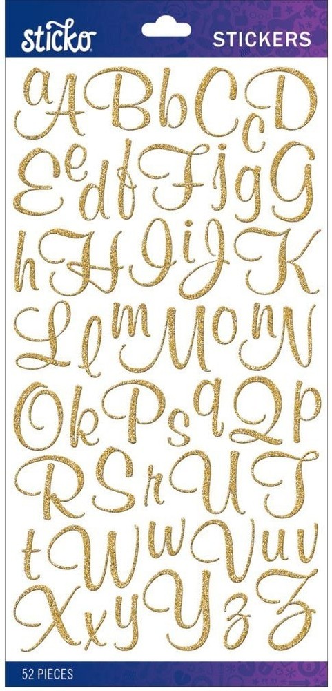Alphabet: Gold Glitter Script, scrapbook stickers - Sticko 90110
