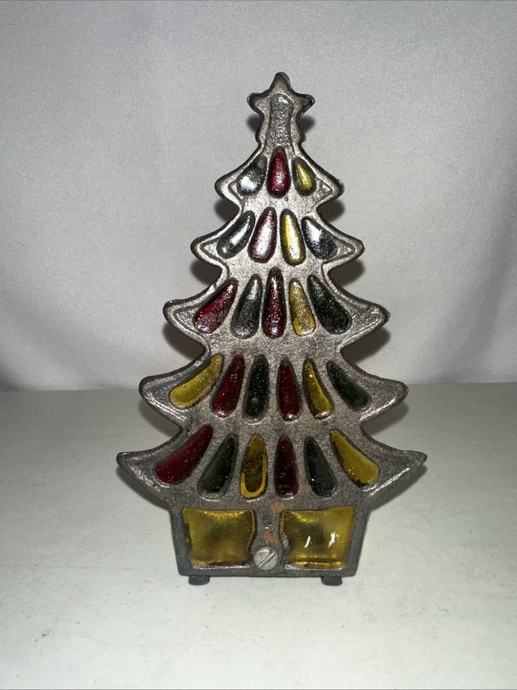Vintage Stained Glass Cast Iron CHRISTMAS TREE Tea Light Votive Candle Holder