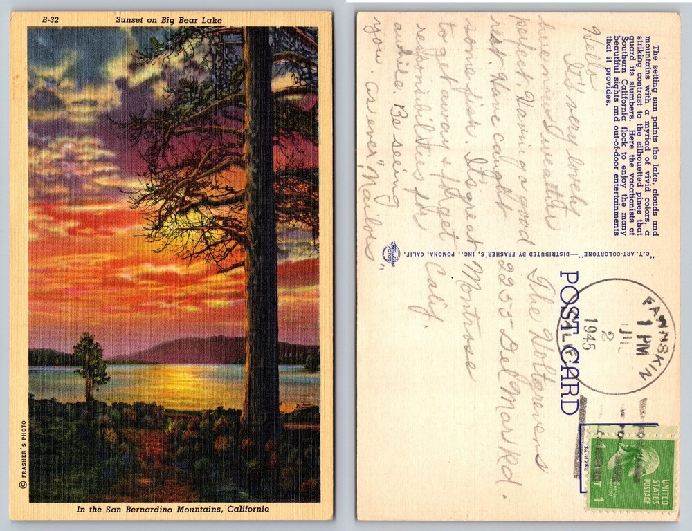 Vintage 1945 Big Bear Lake Sunset Postcard San Bernardino Mountains California