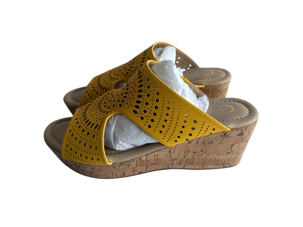 Comfort Yellow Perforated Wedge Sandals Women's Size 8 Slip-On Cork Heel