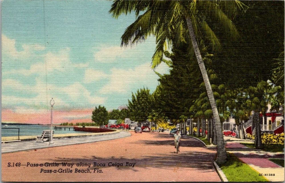 Vintage Pass-a-Grille Beach Florida Linen Postcard 1950 Boca Ceiga Bay Palms