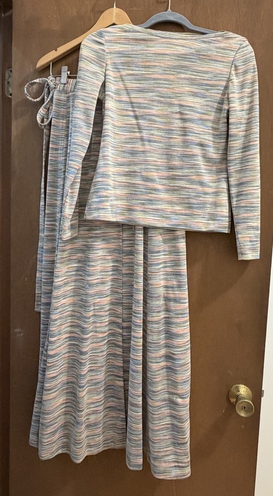Vintage 70s ILGWU Two Piece Set Space Dye Knit Top & Maxi Wrap Skirt Multi Color