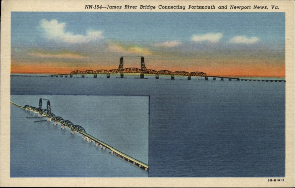 Newport News Virginia James River Bridge two views 1940s linen postcard sku769