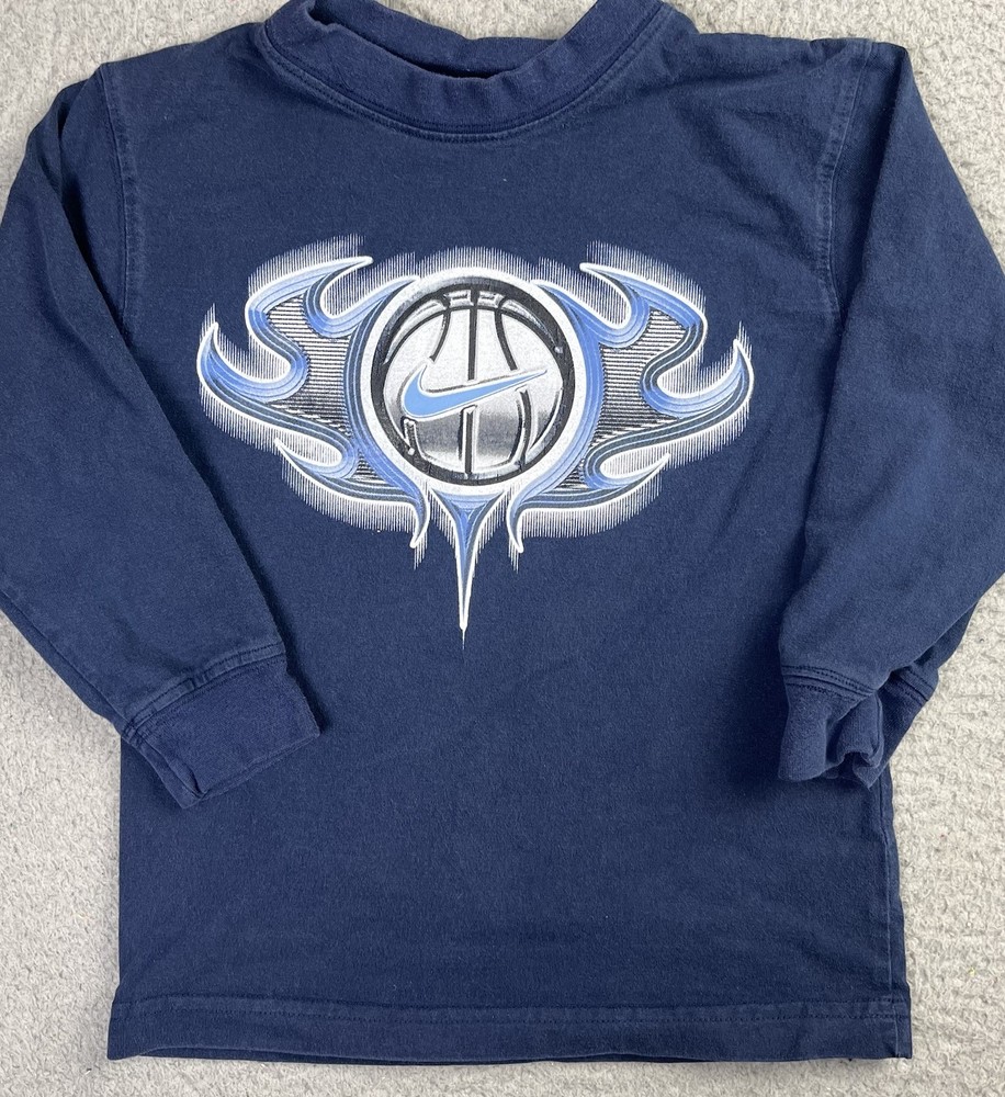VTG NIKE Blue Flames Hoops Basketball Faded Long Sleeve T-Shirt Y2K Youth Small