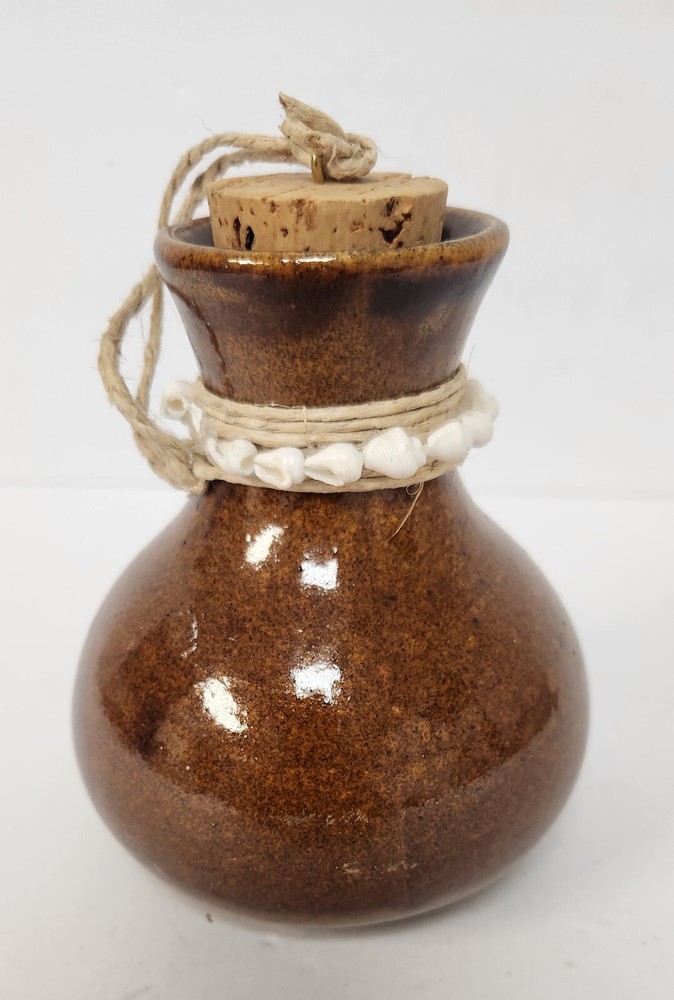 Hawaii Handmade Vintage Ceramic Brown Glazed Corked Pottery with Shells