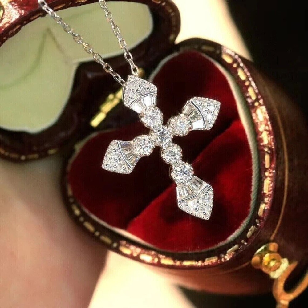 Stunning Unisex Round Cut Simulated Diamond Cross Pendant in 14K White Gold Plated