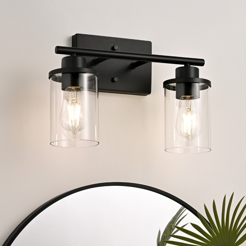 Matte Black Bathroom Vanity Light 2 Light Clear Glass Modern Wall Sconce