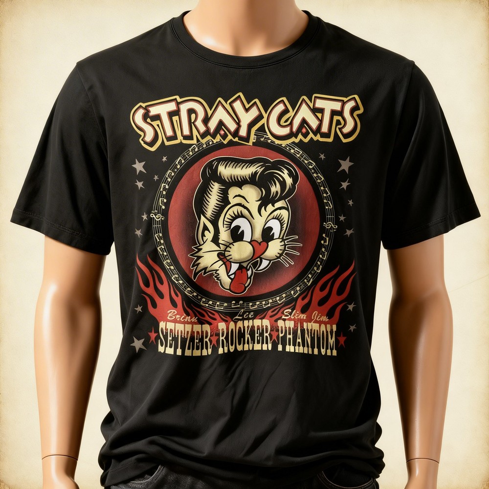 Vtg STRAY CATS Band Heavy Cotton Black All Size T Shirt For Men