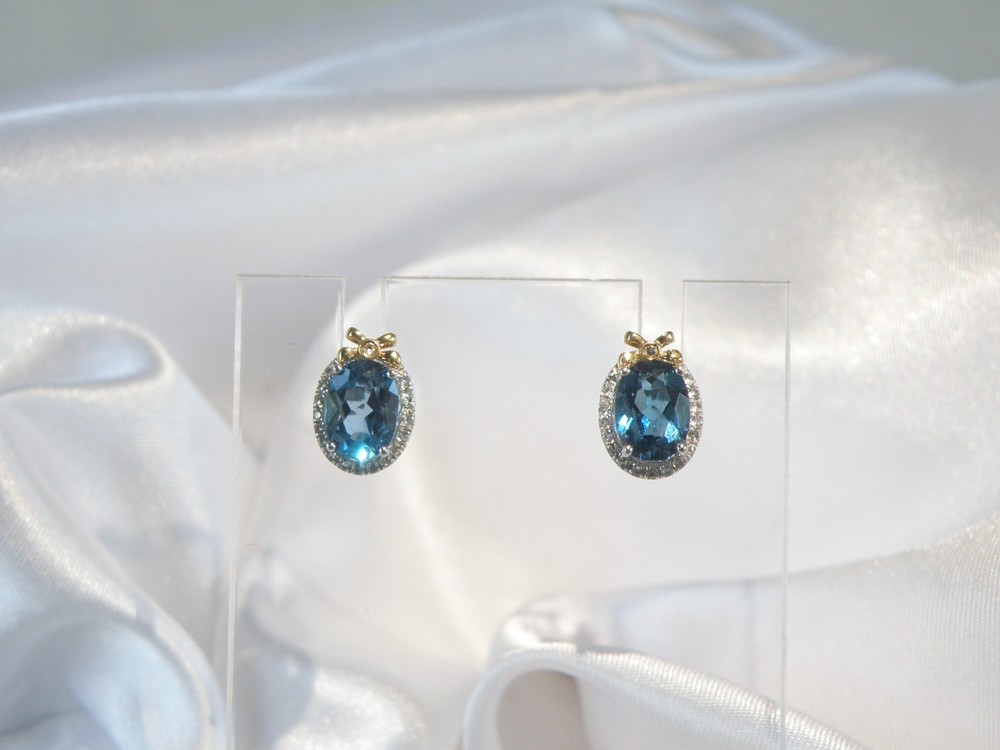 Vintage Sterling Silver 925 Natural London Blue Topaz Bow Stud Earrings