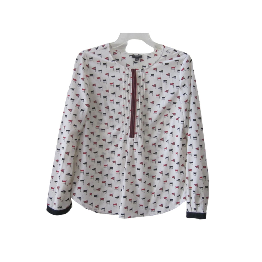 TALBOTS Petites Ivory w/ Red & Black Nautical Flag Print Blouse Shirt Top Sz 8P