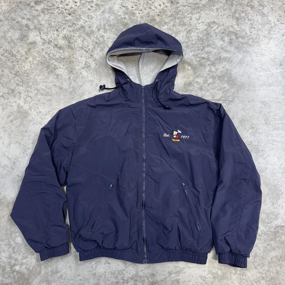 Walt Disney World Jacket Adult Medium Blue Hooded Mickey Windbreaker Full Zip
