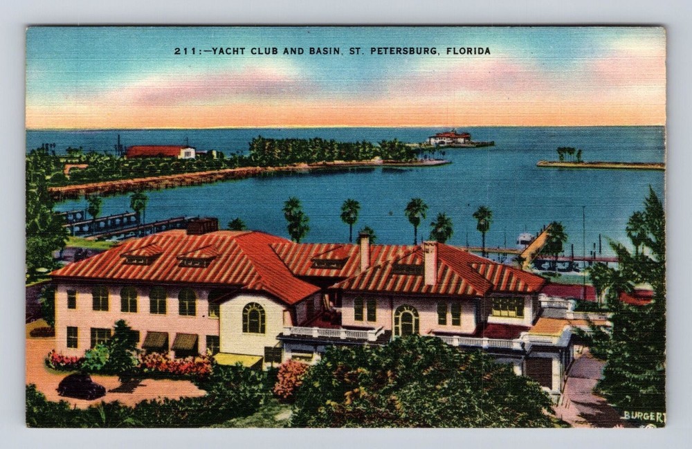 St Petersburg FL-Florida, Aerial Yacht Club And Basin, Antique Vintage Postcard