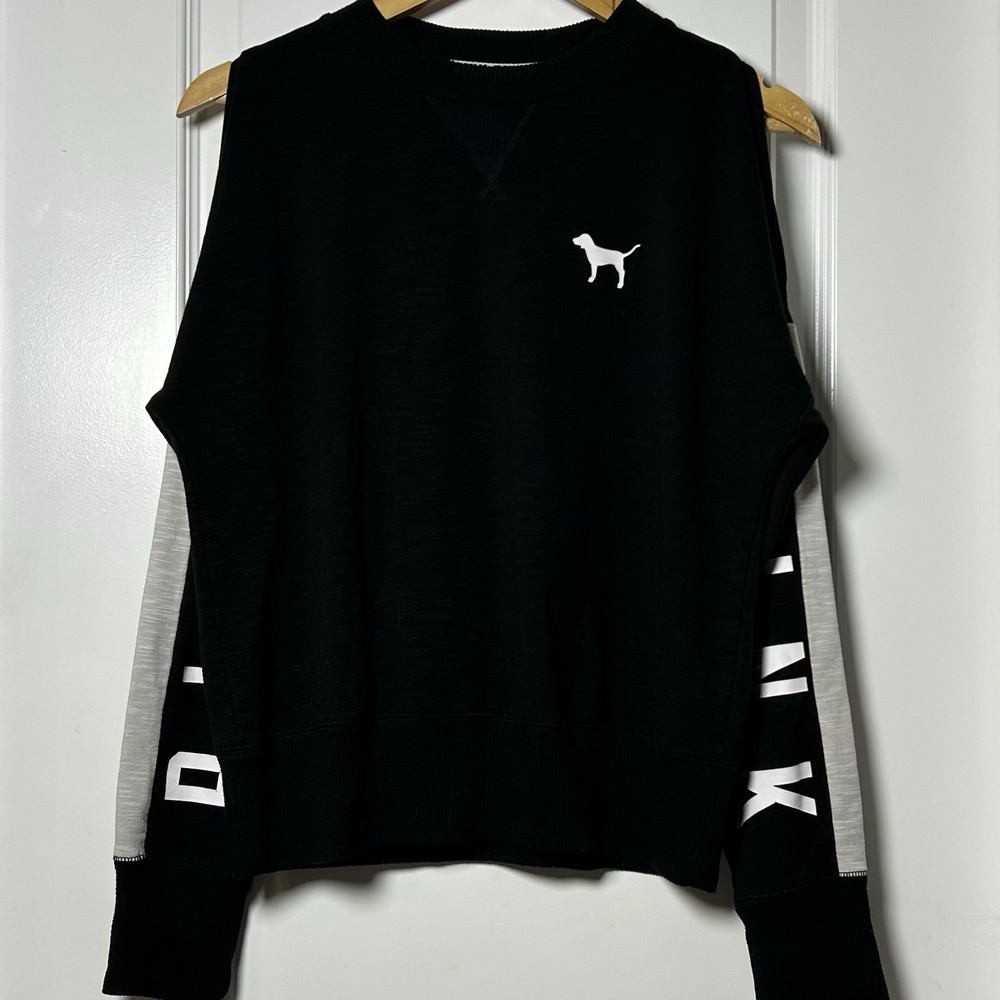 Victoria’s Secret PINK Black and White Open Shoulder Long Sleeve Logo Sweatshirt