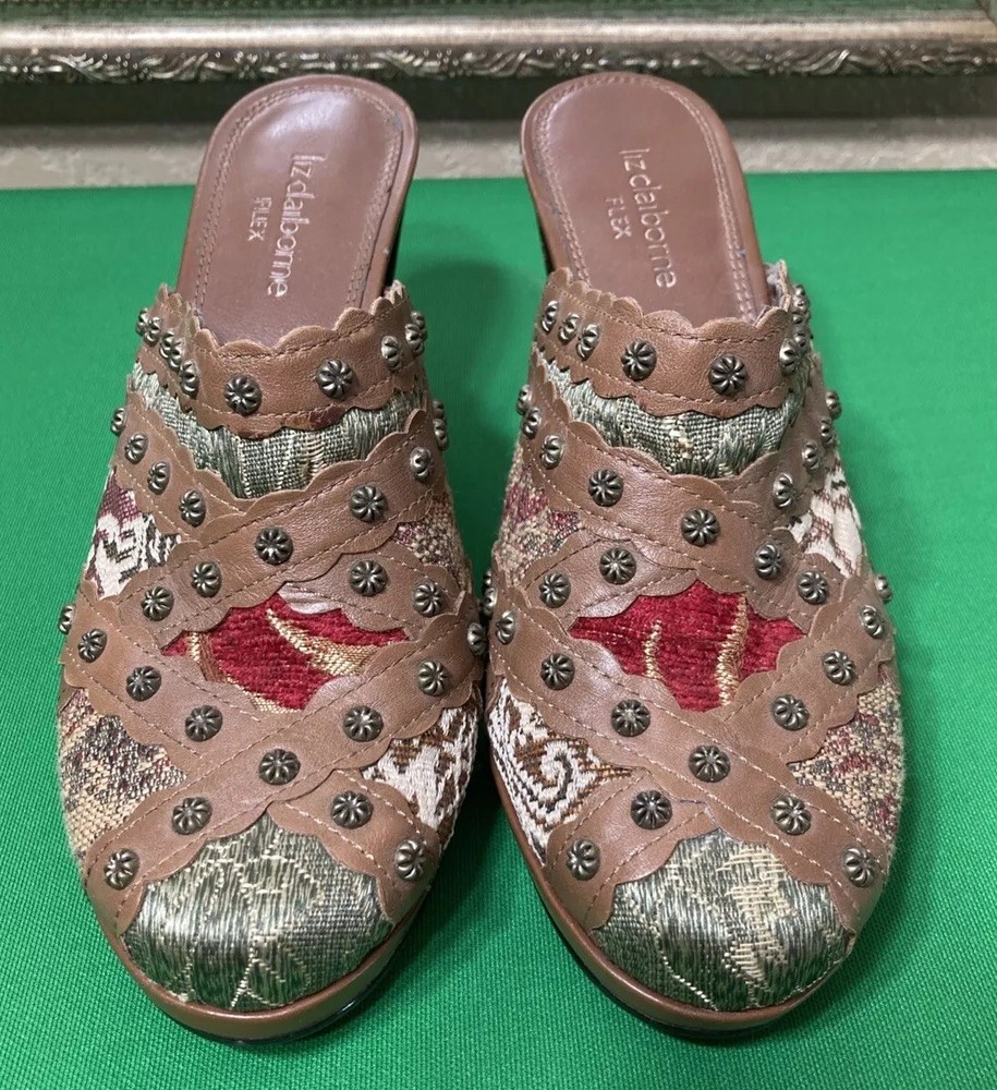 Bohemian Embellished Patchwork Tapestry Studded Mules Clogs Heels Shoes Size 6.5