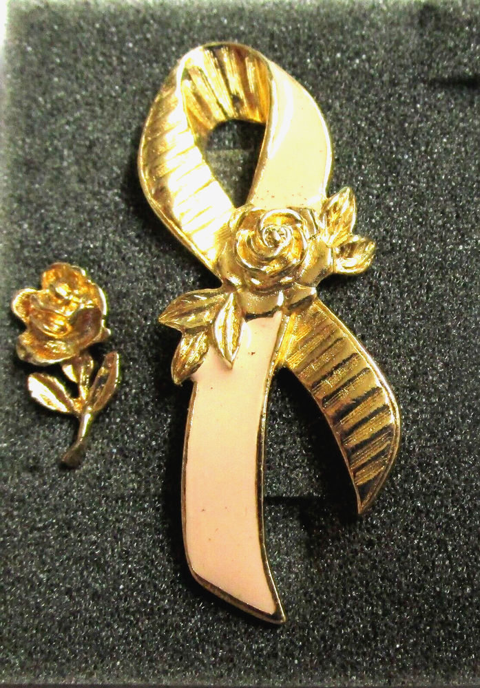 Vintage AVON BREAST CANCER AWARENESS RIBBON ROSE Lapel Pin Pink Gold Tone +BONUS