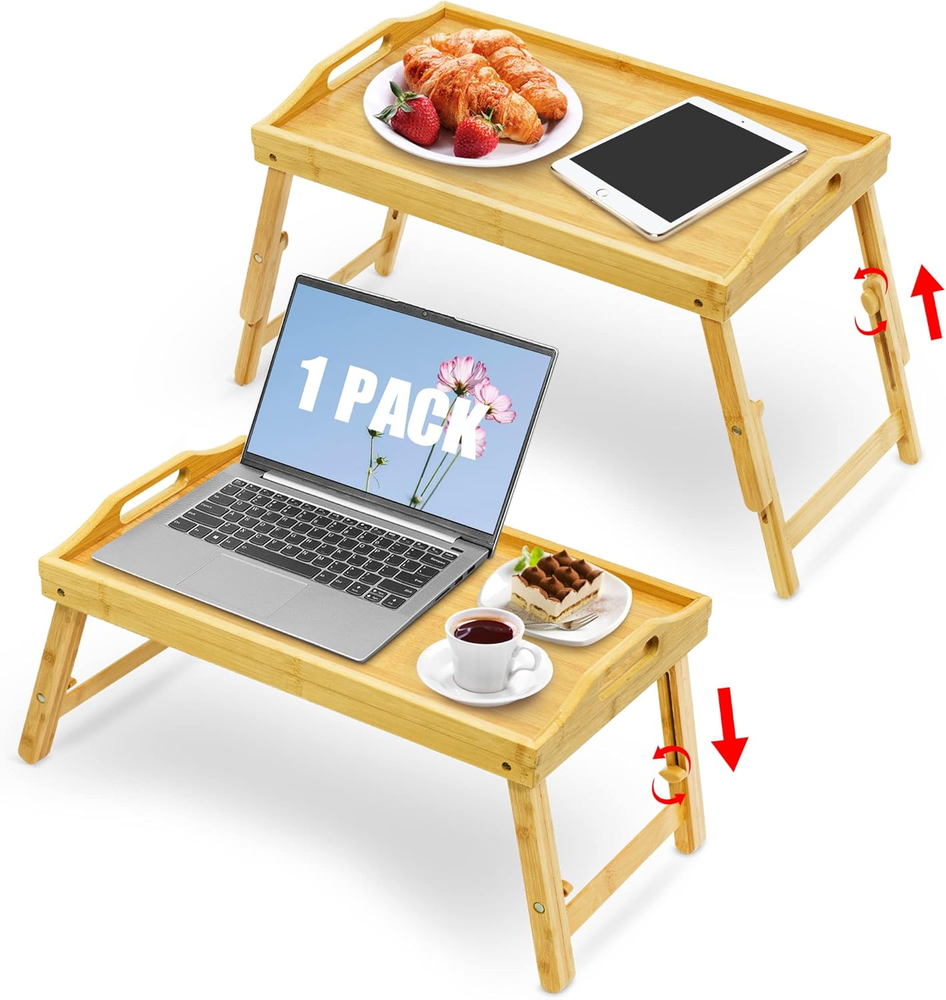 Adjustable Bamboo Breakfast Bed Tray with Raised Stand for Comfortable Dining