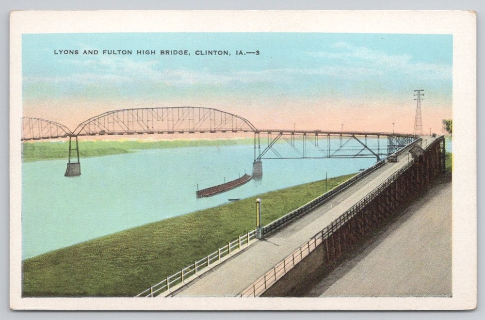 Lyons & Fulton High Bridge Clinton IA Mississippi River Linen Postcard