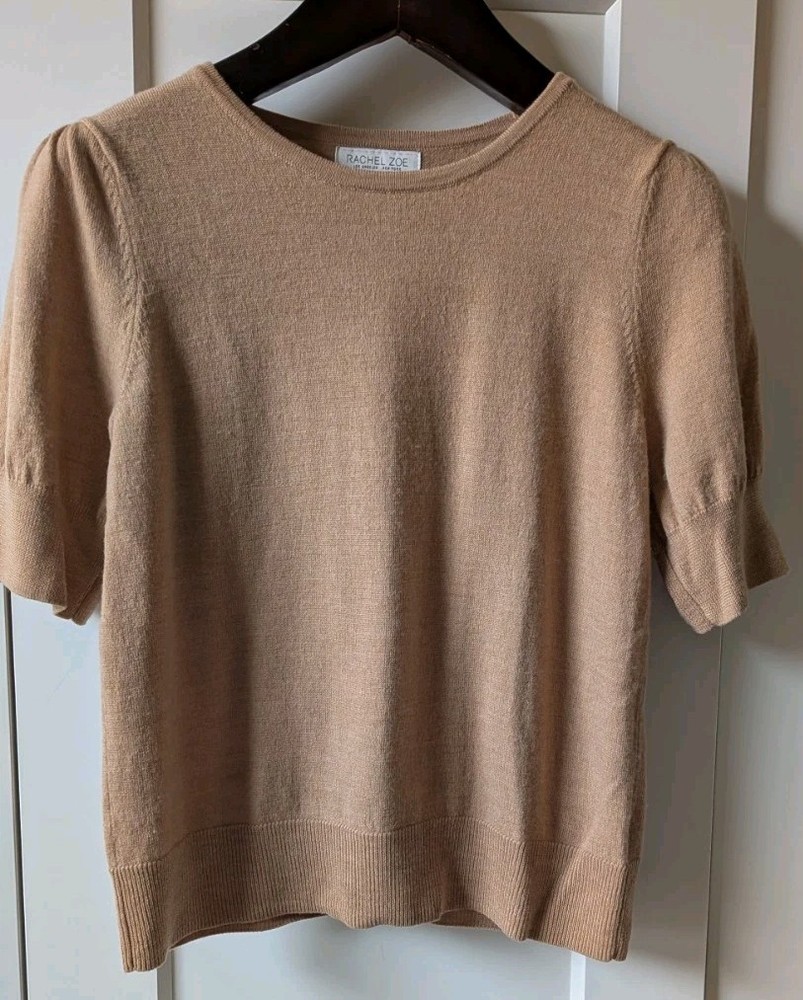 Rachel Zoe Women's Medium  100% Extrafine Merino Wool Short Sleeve Sweater Camel