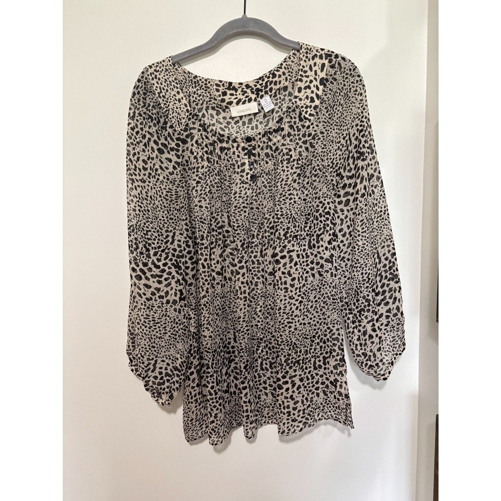 Chico’s Animal Print Blouse Leopard Boho Flowy Tunic Top Size 2 L Sheer Mesh