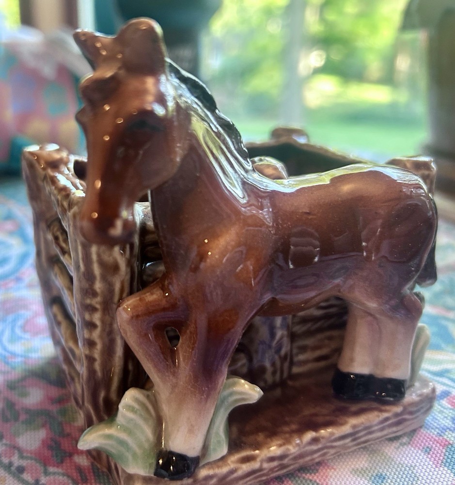Vintage Pottery Horse Planter Brown Rustic Farmhouse Decor 4.25 Inch Tall
