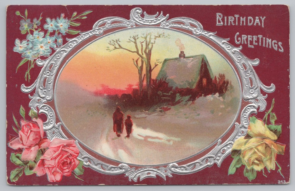 Greetings~Red & Yellow Roses & Forget Me Nots Birthday Greeting~Vintage Postcard