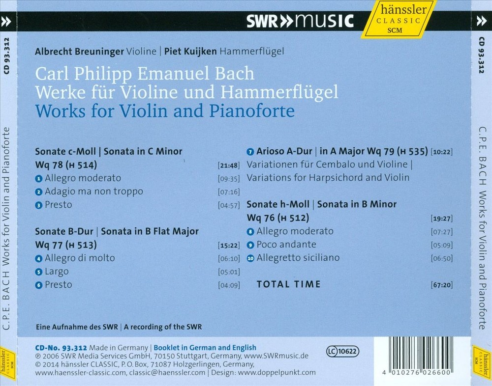 Albrecht Breuninger / Piet Kuijken C.p.e. Bach: Werke Für Violine Und Hammerflüg