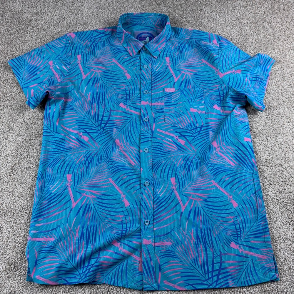 Retro Rifle Shirt Mens Extra Large Blue Pink Breach Button Up Hawaiian Hawaii