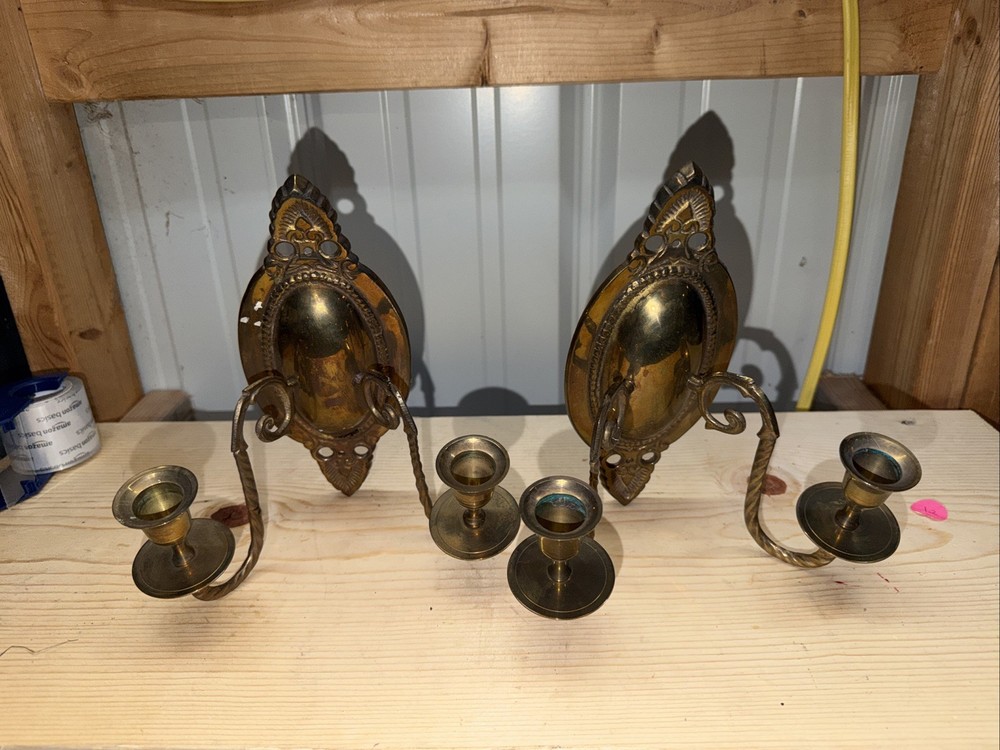 Vintage Brass Double Arm Candle Wall Sconces Pair Decorative Scroll Patina