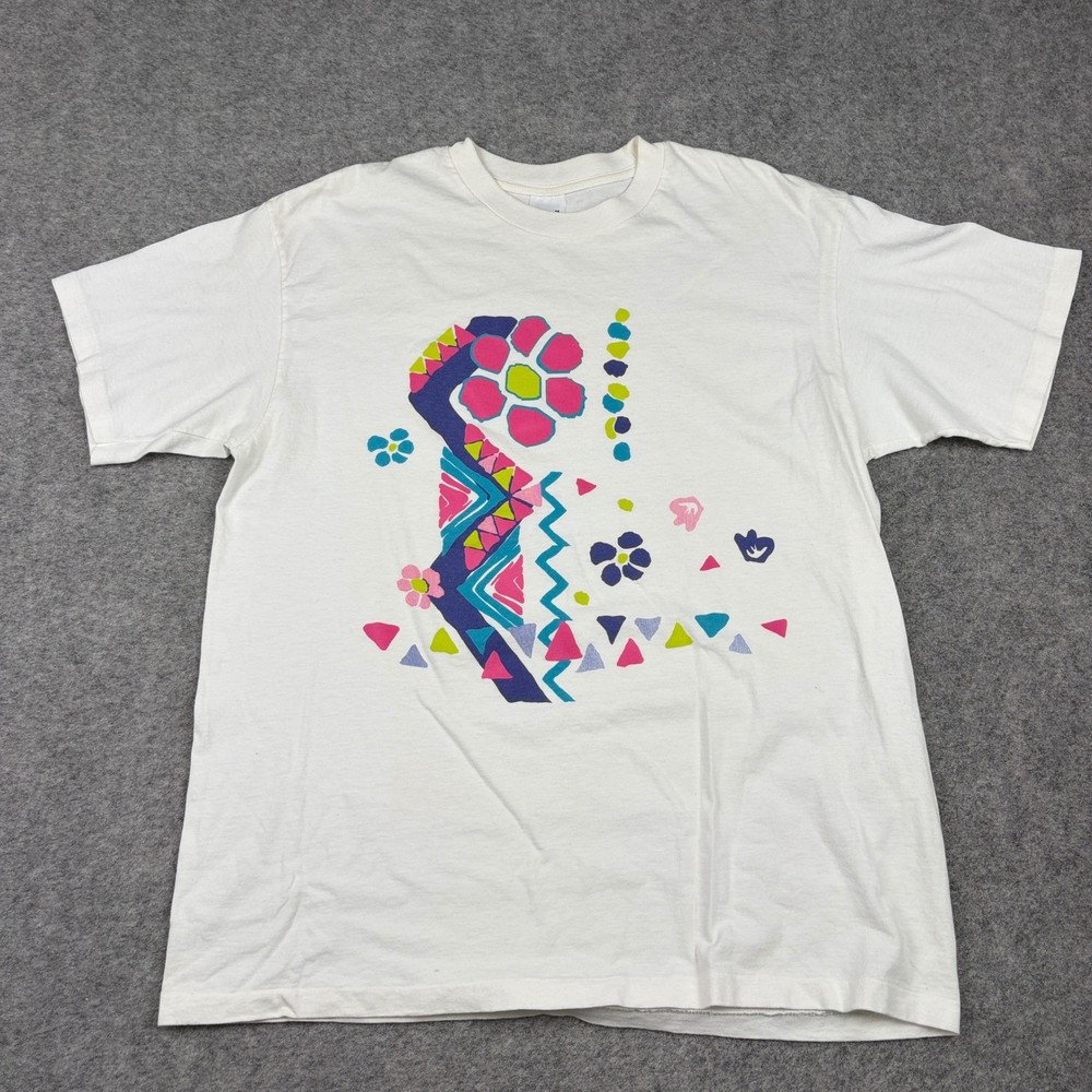 90s Geometric T-Shirt Mens XL White Vintage 80s Abstract Floral Graphic Retro-image