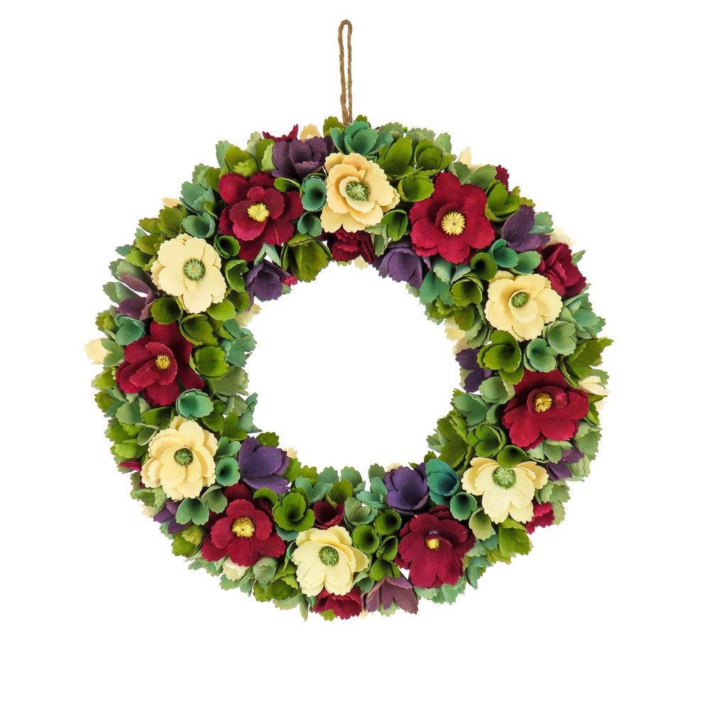 18 in. Spring Wreath with Red and Cream Assorted Wood Cut Flowers, Flowing Green