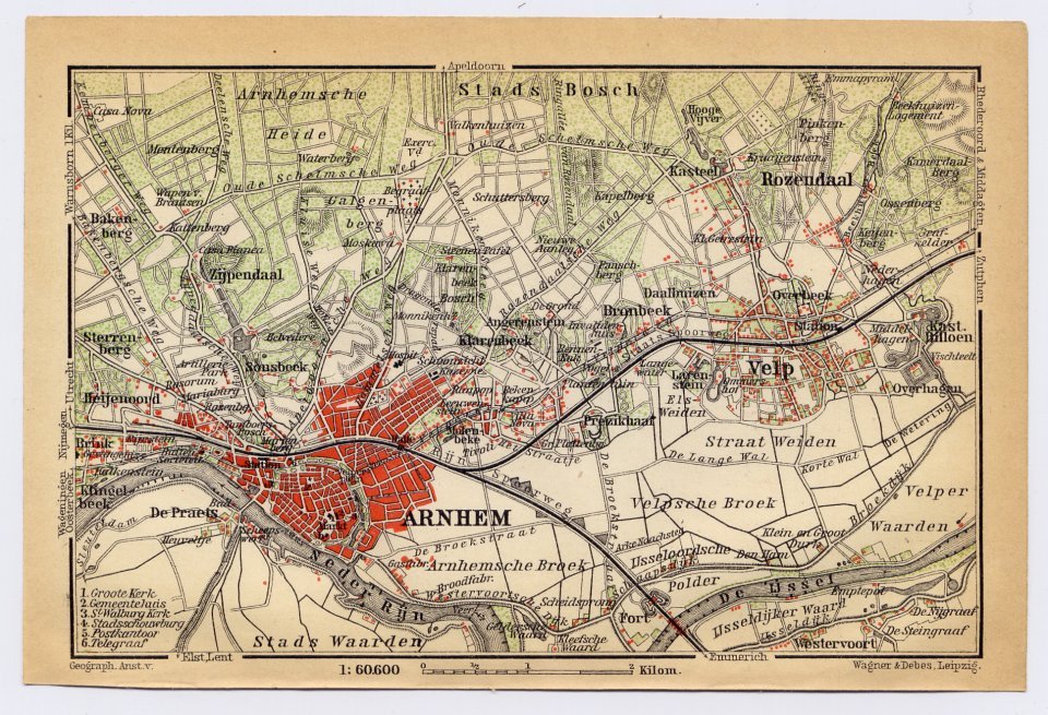1910 Antique City Map Of Vicinity Of Arnhem / Holland Netherlands