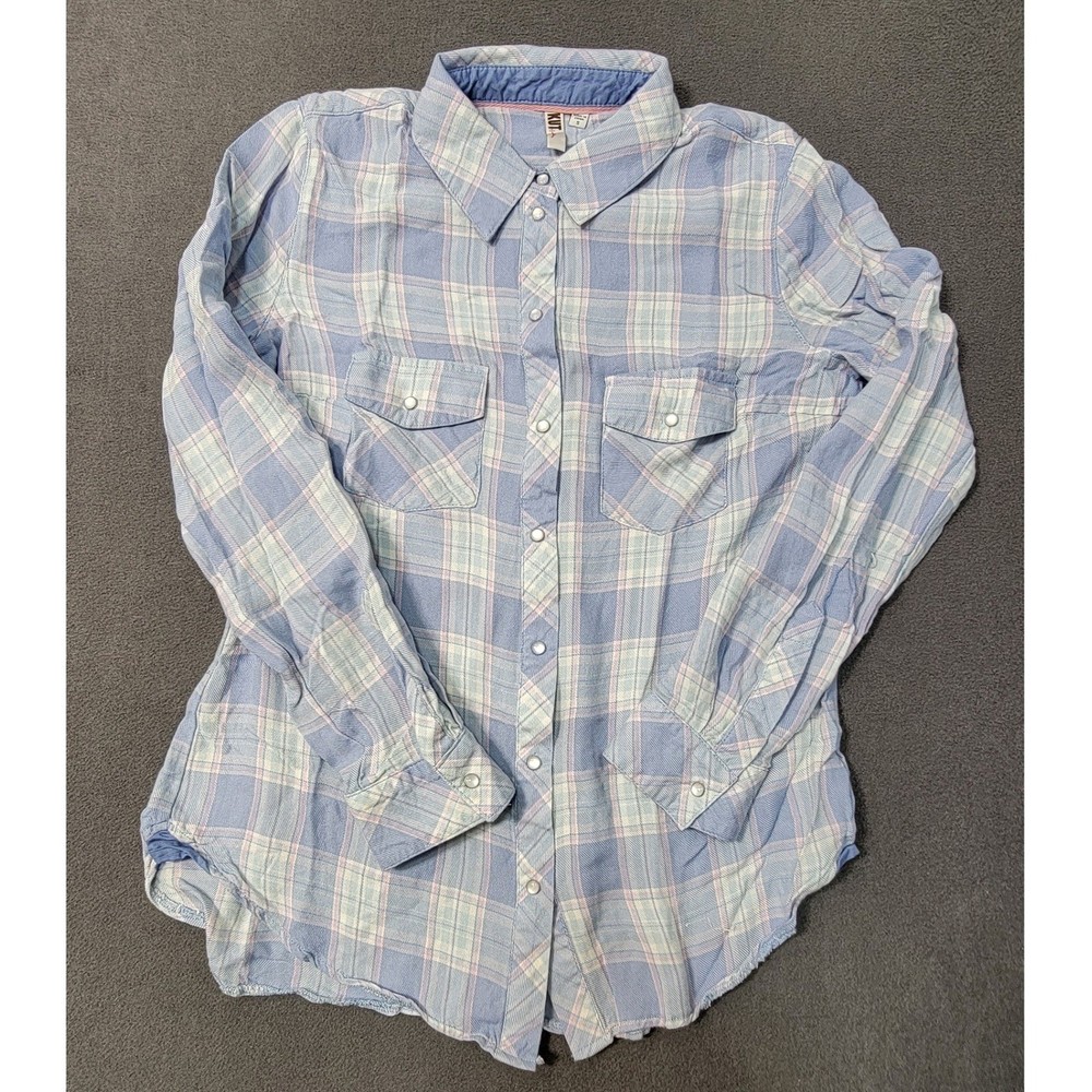 KUT from the Kloth Womens Blue Pink Plaid Snap Front Western Flannel Shirt Small