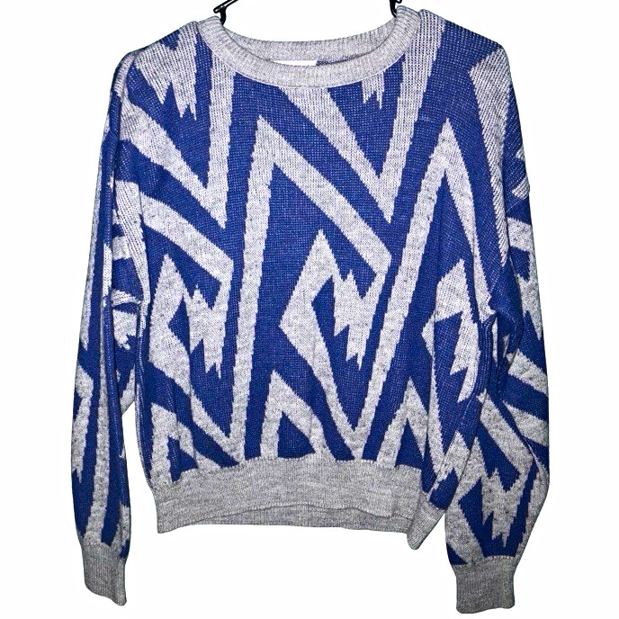 Alfred Dunner Women's Pullover Sweater Crew Neck Knit Geometric Blue/Gray L
