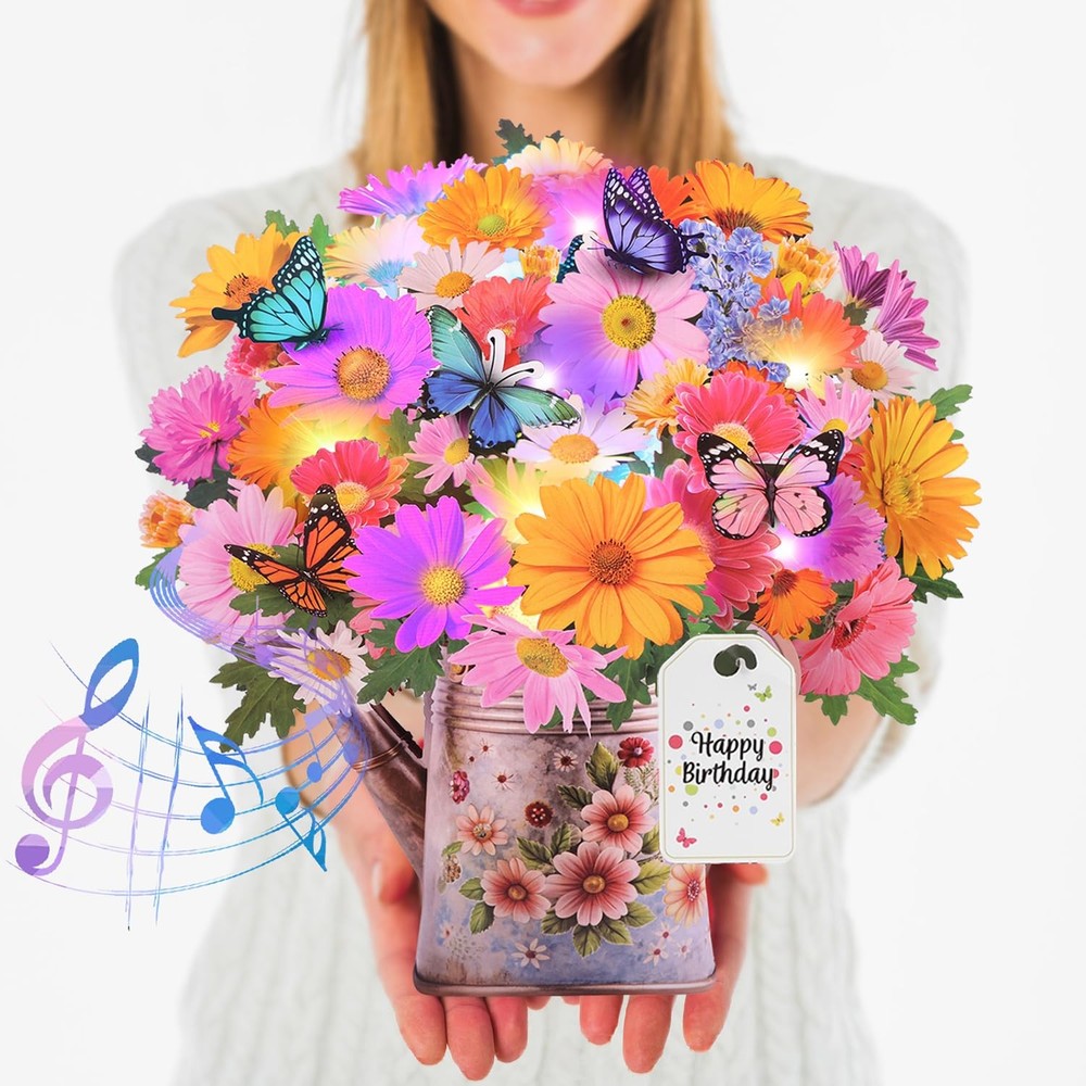 3D Pop Up Birthday Card with Music  Lights - Flower Bouquet Gift