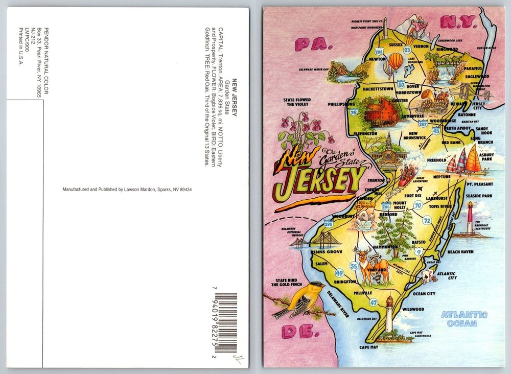 Vintage New Jersey Map Postcard - The Garden State Souvenir Travel Map