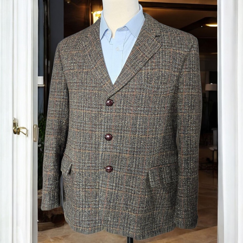 Vtg Harris Tweed Blazer 42S 1960s  By Dunn & Co 3 Button Box Cut Made In England