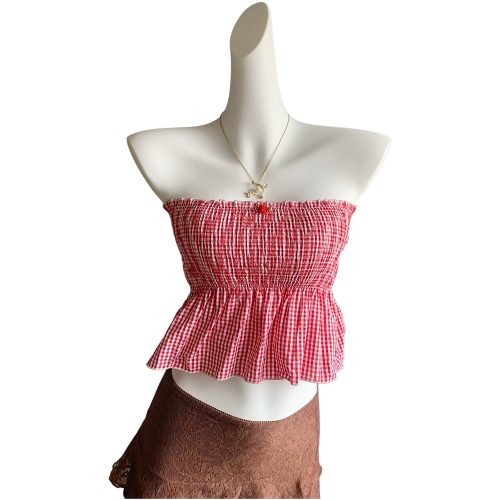 Edikted Red Gingham Strapless Tube Top S Smocked Cotton Crop NWT