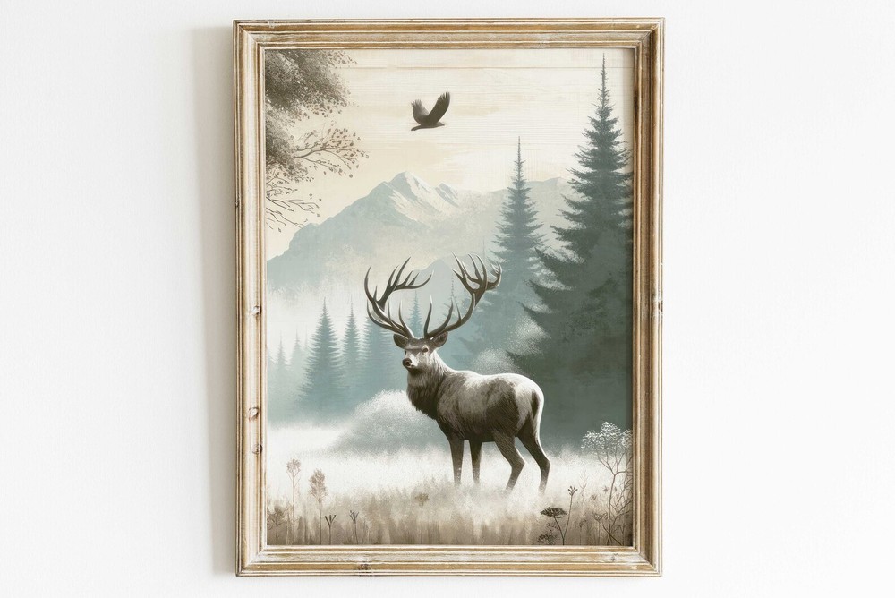 Deer Art Print Vintage Forest Wall Decor Rustic Nature