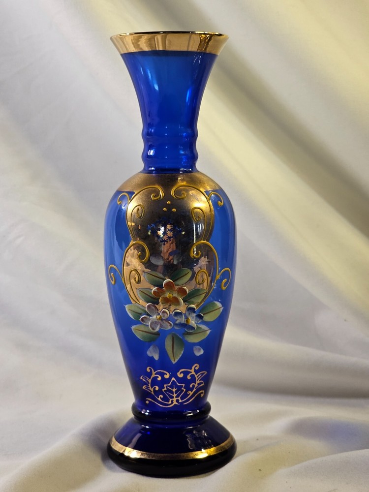 Vintage Bohemian Handpainted Cobalt Glass Vase