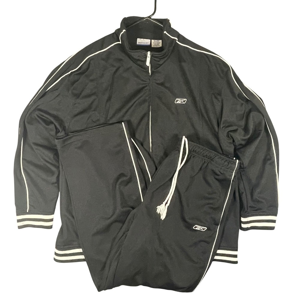 VTG Y2K Reebok Mens Tracksuit Set Black White Full Zip Jacket Pants XXL Top XL