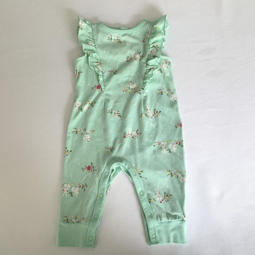 Cat Jack Romper Easter Bunnies Baby Girl 3-6 Months Green Pastel Cute Boho Farm