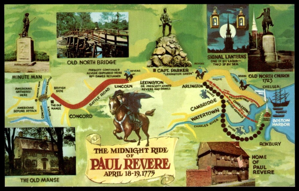 Paul Revere Midnight Ride Map Postcard Boston Lexington Concord Historic