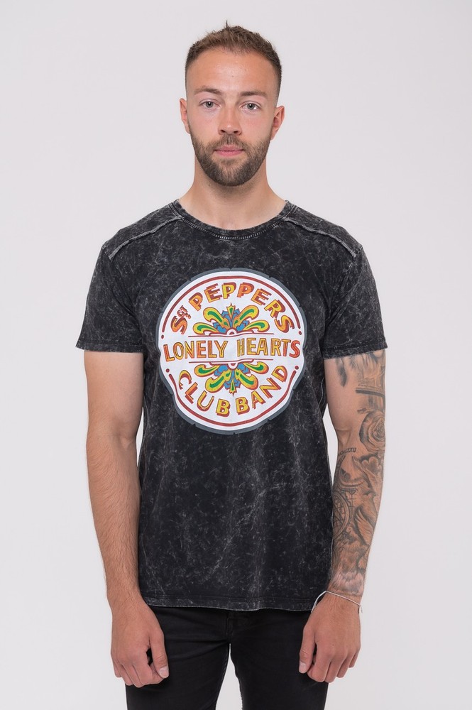 The Beatles T Shirt Sgt Pepper Drum Band Logo new Official Mens Black Snow Wash