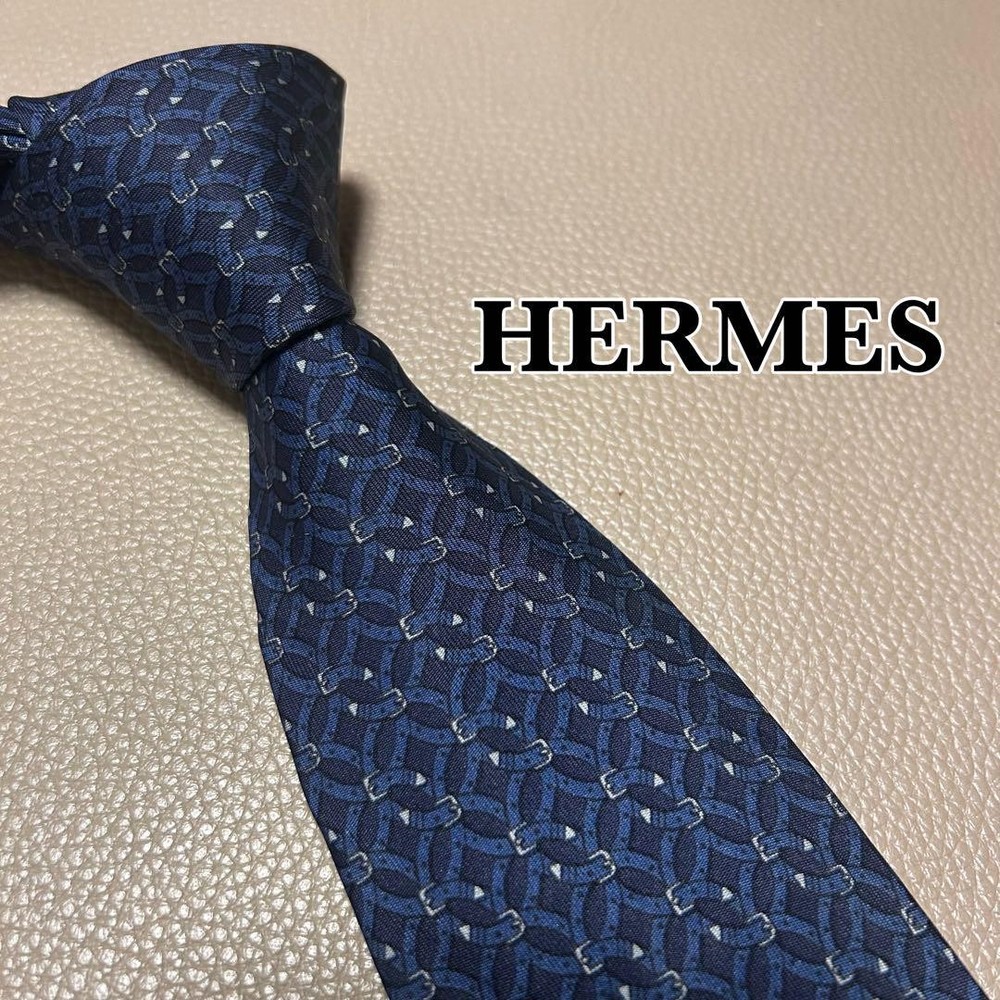 HERMES Blue Silk Tie with All-Over Belt Pattern Made in France  