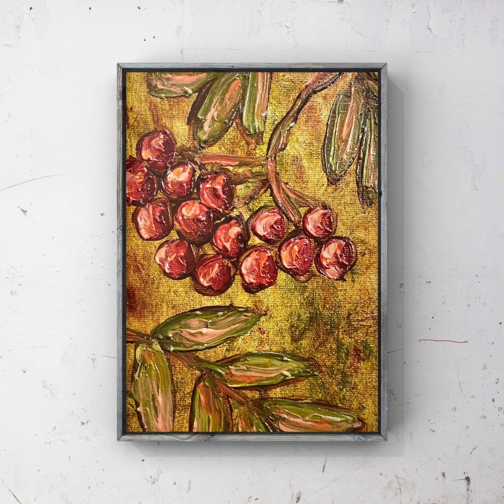 Rowan tree berry original oil painting on canvas by Ukrainian artist mini art